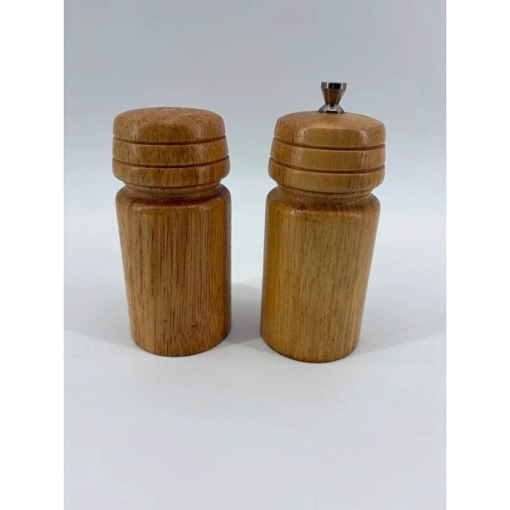 MCM Olde Thompson Salt and Pepper Mill Set Small Brown Wood Ribbed Vintage